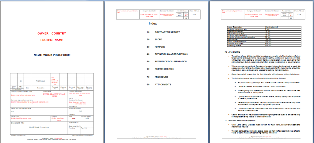 Night Work Procedure Sample